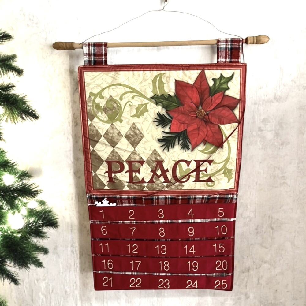 VINTAGE ADVENT CALENDAR Christmas Countdown Wall Hanging Fabric Poinsettia 3131